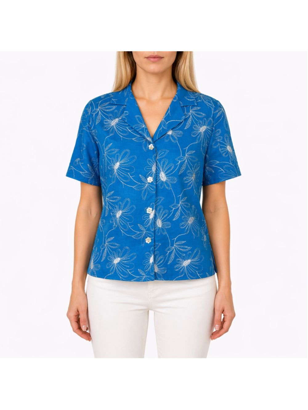 Ali Miles Blue White Floral Button Up Top Short Sleeve Linen Hawaiian Vtg Size M